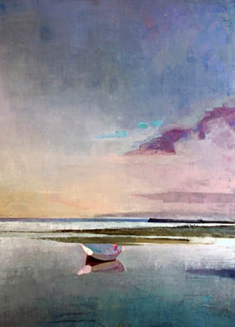 An oil painting of a dory beached on the flats at twilight
